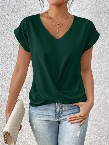 Women's Short-Sleeve Blouse with V-Neck and Crossed Pleat