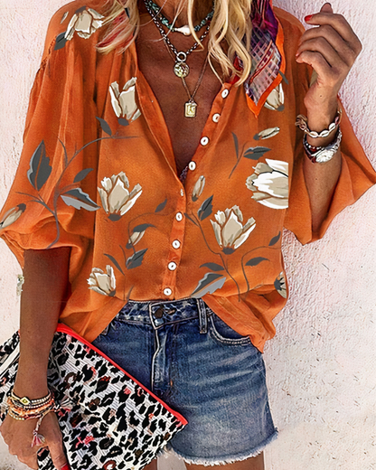 Women's Long-Sleeve Blouse with V-Neck and Floral Print