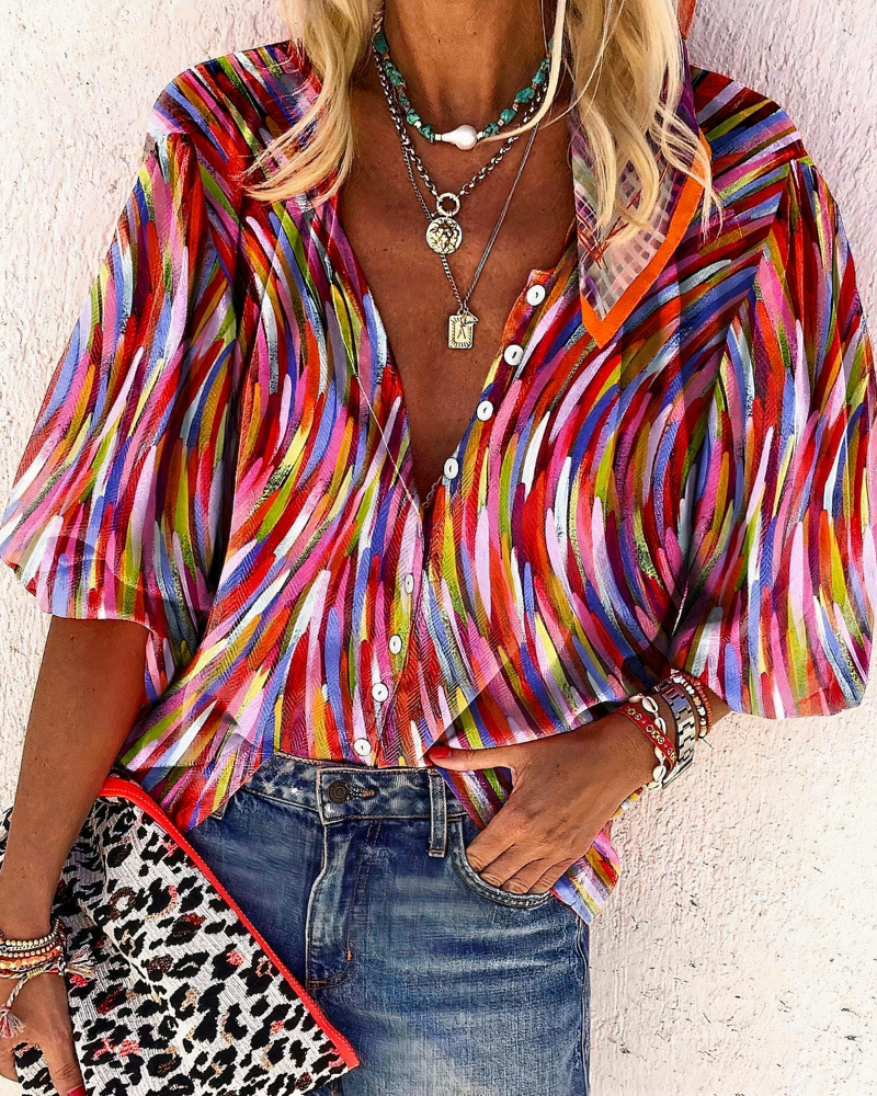 Women's Long-Sleeve Blouse with V-Neck and Floral Print