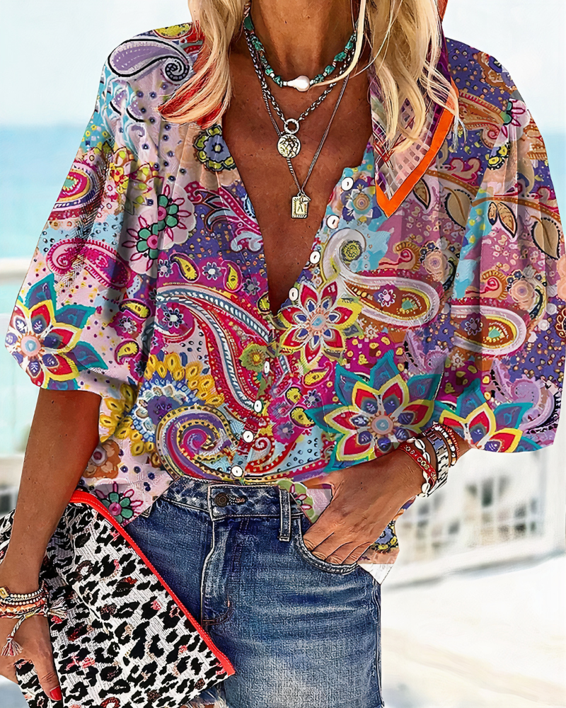 Women's Long-Sleeve Blouse with V-Neck and Floral Print