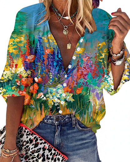 Women's Long-Sleeve Blouse with V-Neck and Floral Print