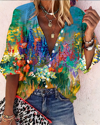 Women's Long-Sleeve Blouse with V-Neck and Floral Print