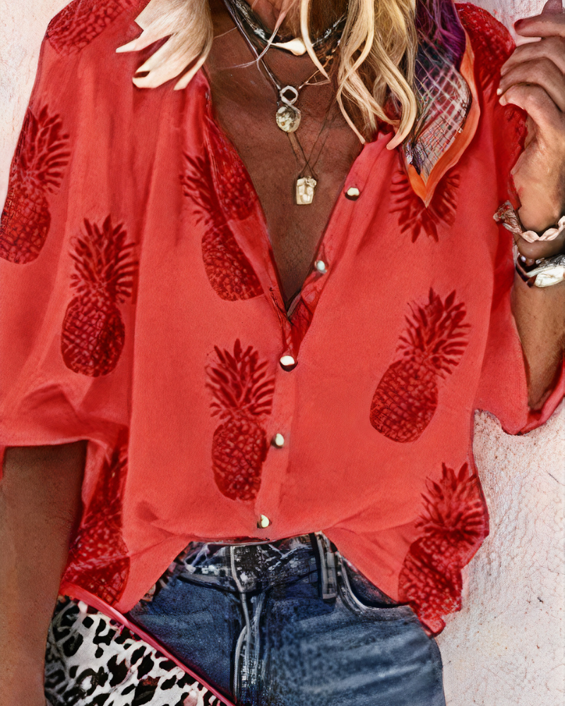 Women's Long-Sleeve Blouse with V-Neck and Floral Print