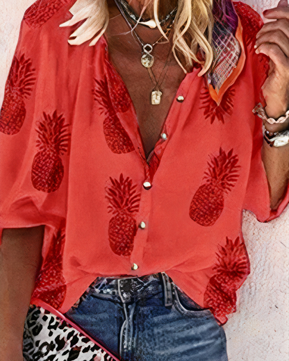 Women's Long-Sleeve Blouse with V-Neck and Floral Print
