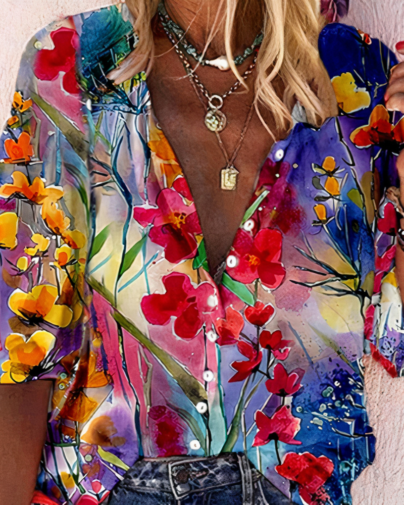 Women's Long-Sleeve Blouse with V-Neck and Floral Print