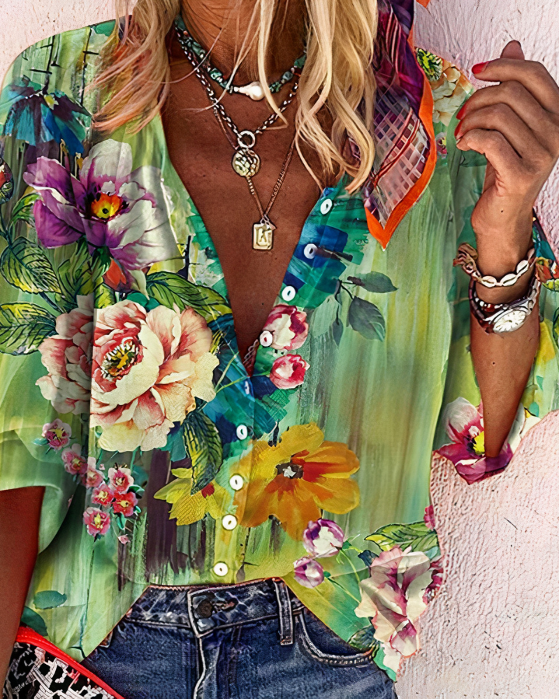 Women's Long-Sleeve Blouse with V-Neck and Floral Print