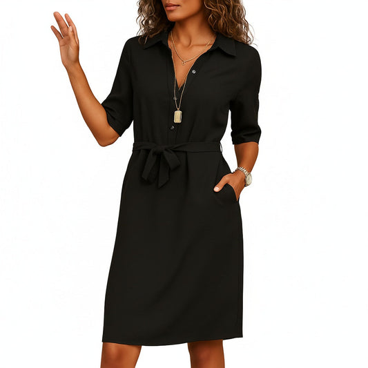 Women's Midi Blouse Dress with Shirt Collar, Tie Belt and Three-Quarter Sleeves