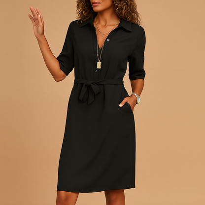 Women's Midi Blouse Dress with Shirt Collar, Tie Belt and Three-Quarter Sleeves