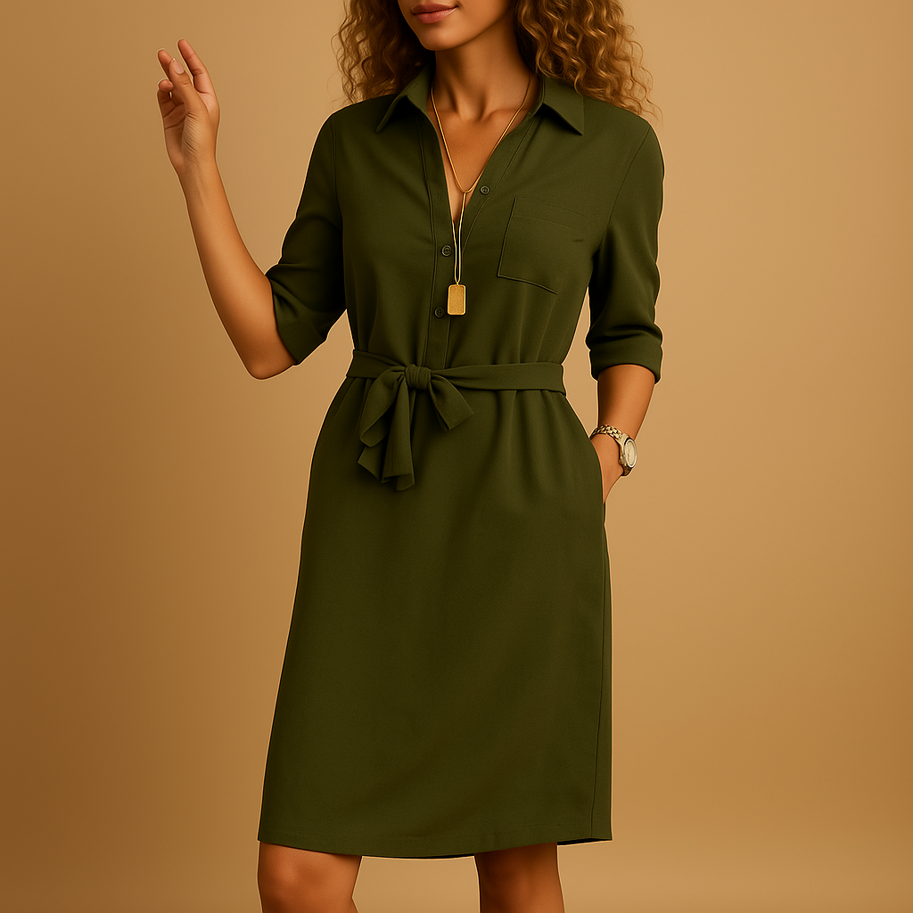 Women's Midi Blouse Dress with Shirt Collar, Tie Belt and Three-Quarter Sleeves