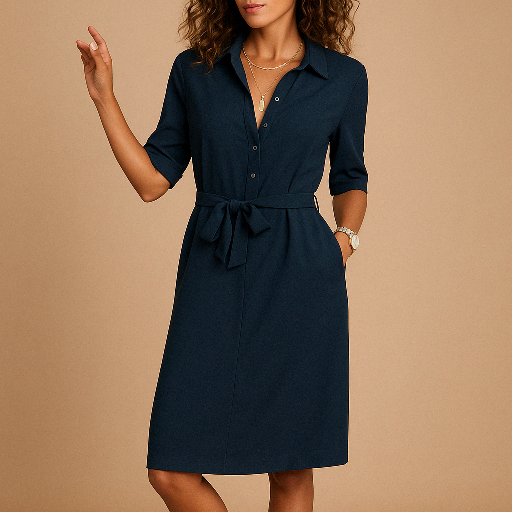 Women's Midi Blouse Dress with Shirt Collar, Tie Belt and Three-Quarter Sleeves
