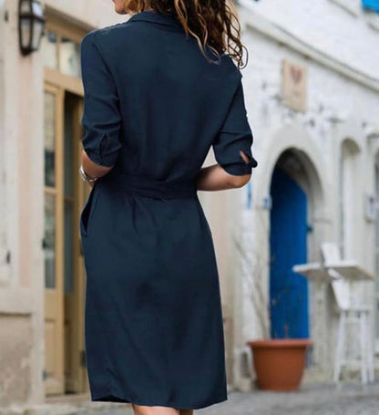 Women's Midi Blouse Dress with Shirt Collar, Tie Belt and Three-Quarter Sleeves