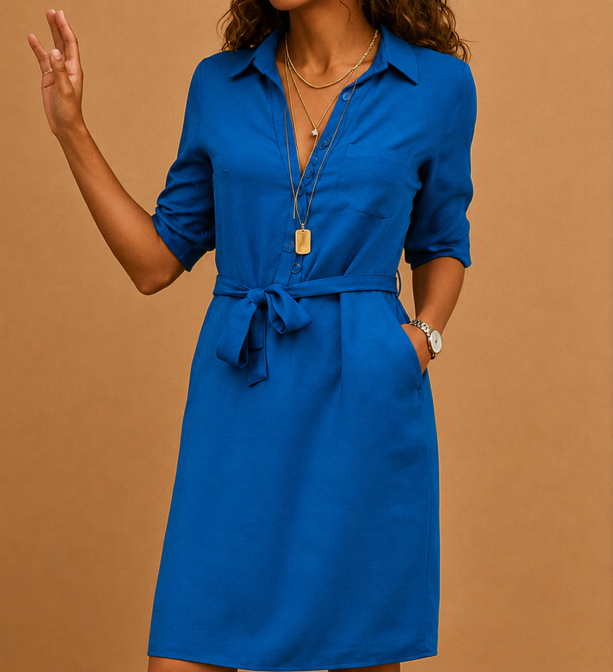 Women's Midi Blouse Dress with Shirt Collar, Tie Belt and Three-Quarter Sleeves