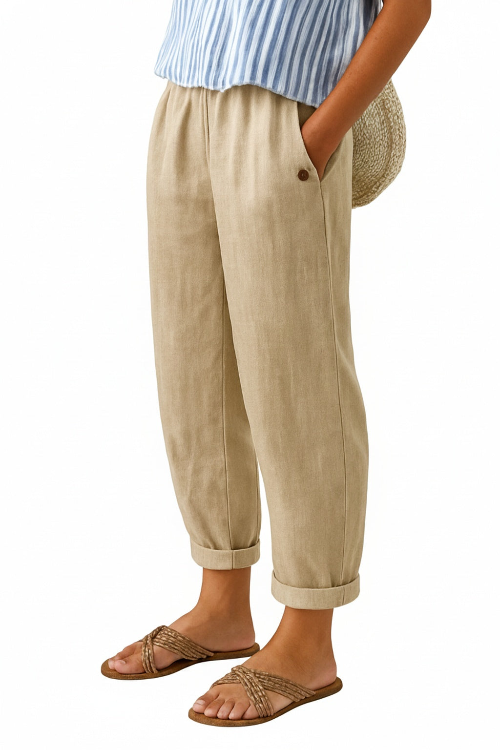 Women's Trousers with Elastic Waist, Side Pockets and Turned-Up Hem