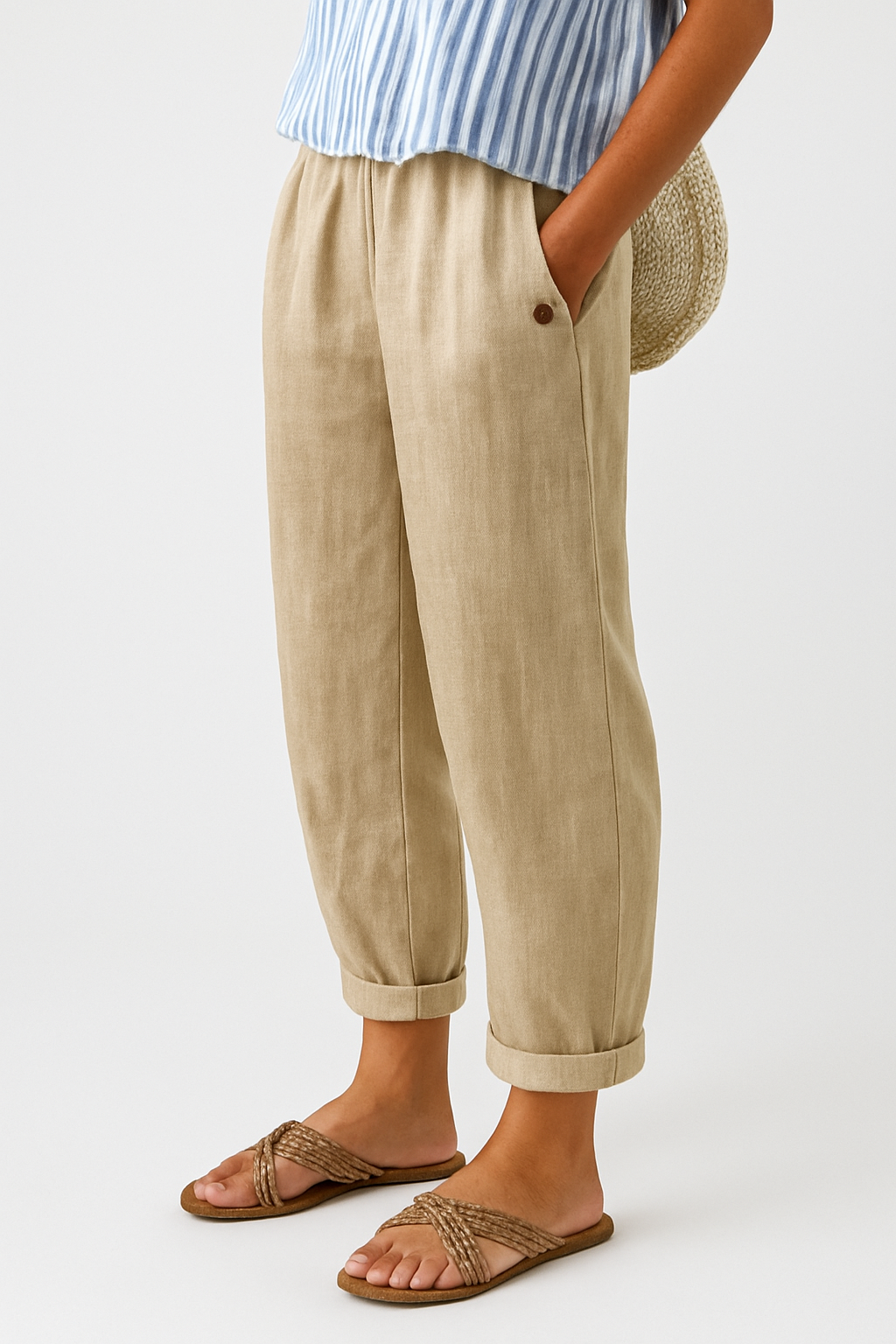 Women's Trousers with Elastic Waist, Side Pockets and Turned-Up Hem
