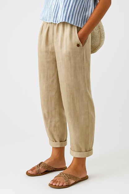 Women's Trousers with Elastic Waist, Side Pockets and Turned-Up Hem