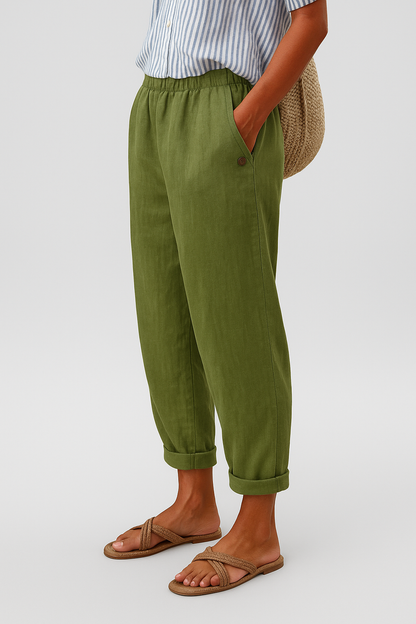 Women's Trousers with Elastic Waist, Side Pockets and Turned-Up Hem