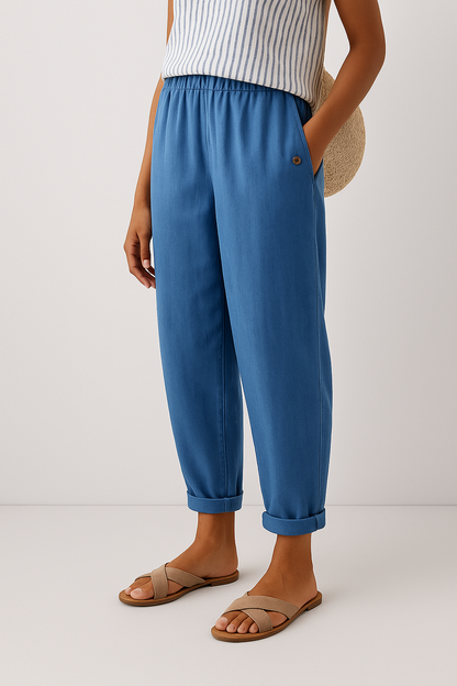Women's Trousers with Elastic Waist, Side Pockets and Turned-Up Hem