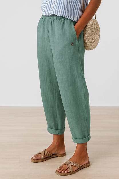 Women's Trousers with Elastic Waist, Side Pockets and Turned-Up Hem