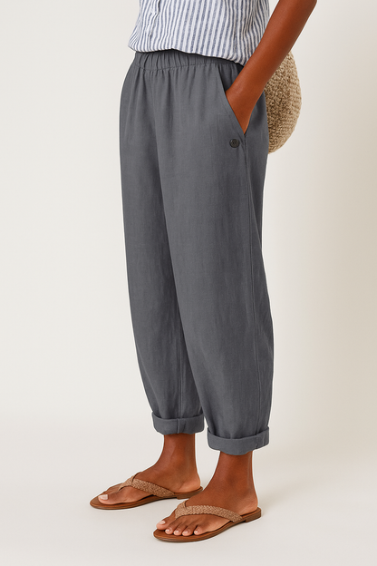 Women's Trousers with Elastic Waist, Side Pockets and Turned-Up Hem