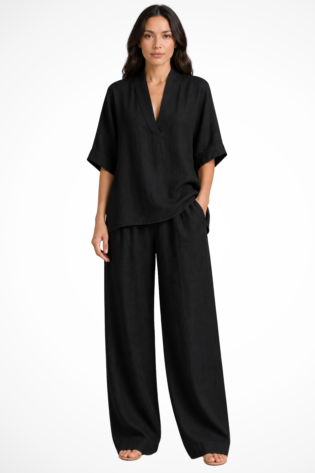 Women's Clothing Set with V-neck Top and Wide Leg Trousers Oversized