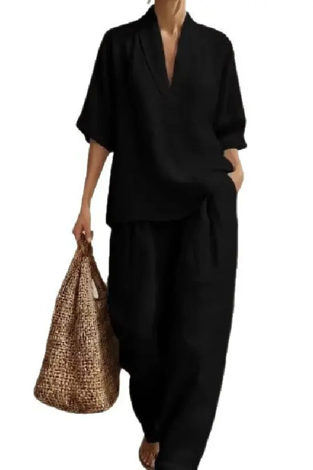 Women's Clothing Set with V-neck Top and Wide Leg Trousers Oversized