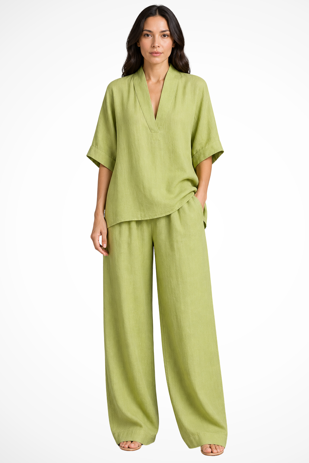Women's Clothing Set with V-neck Top and Wide Leg Trousers Oversized