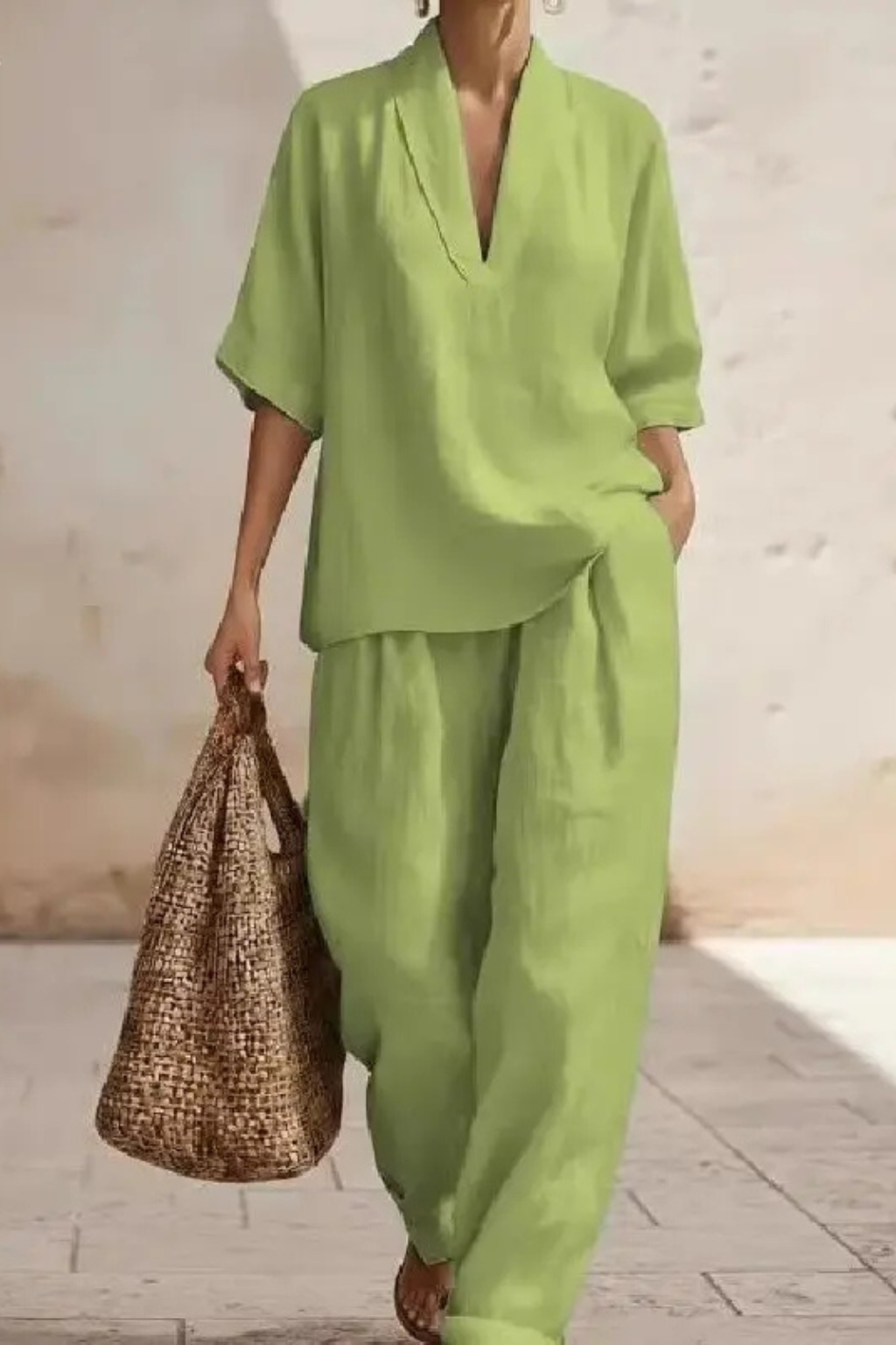 Women's Clothing Set with V-neck Top and Wide Leg Trousers Oversized