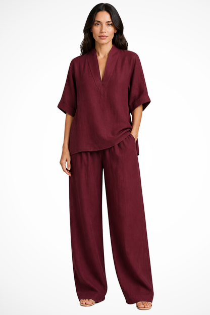 Women's Clothing Set with V-neck Top and Wide Leg Trousers Oversized