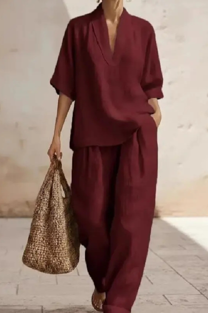 Women's Clothing Set with V-neck Top and Wide Leg Trousers Oversized