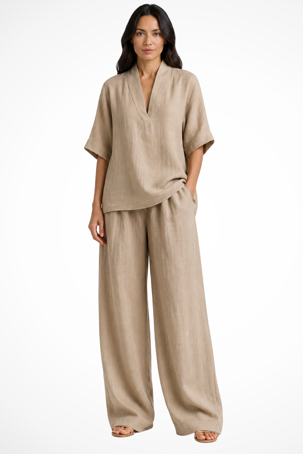 Women's Clothing Set with V-neck Top and Wide Leg Trousers Oversized
