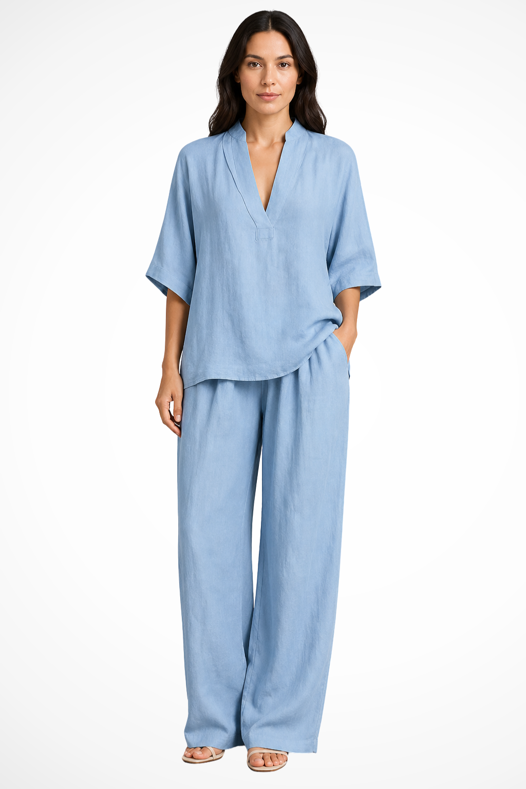 Women's Clothing Set with V-neck Top and Wide Leg Trousers Oversized