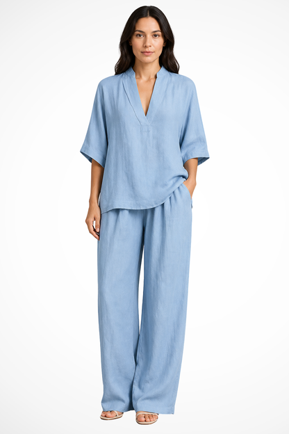 Women's Clothing Set with V-neck Top and Wide Leg Trousers Oversized