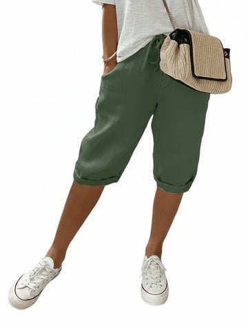 Women's Three-Quarter Trousers with Elastic Waist and Side Pockets