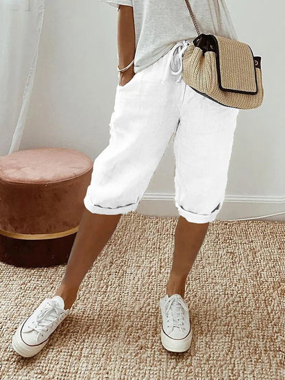 Women's Three-Quarter Trousers with Elastic Waist and Side Pockets