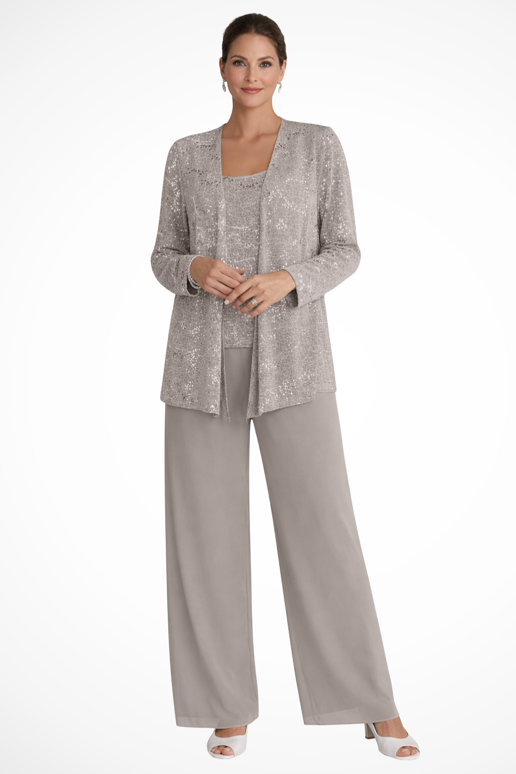 Ladies' Festive Three-Piece Pantsuit with Sequin Jacket and Wide Trousers