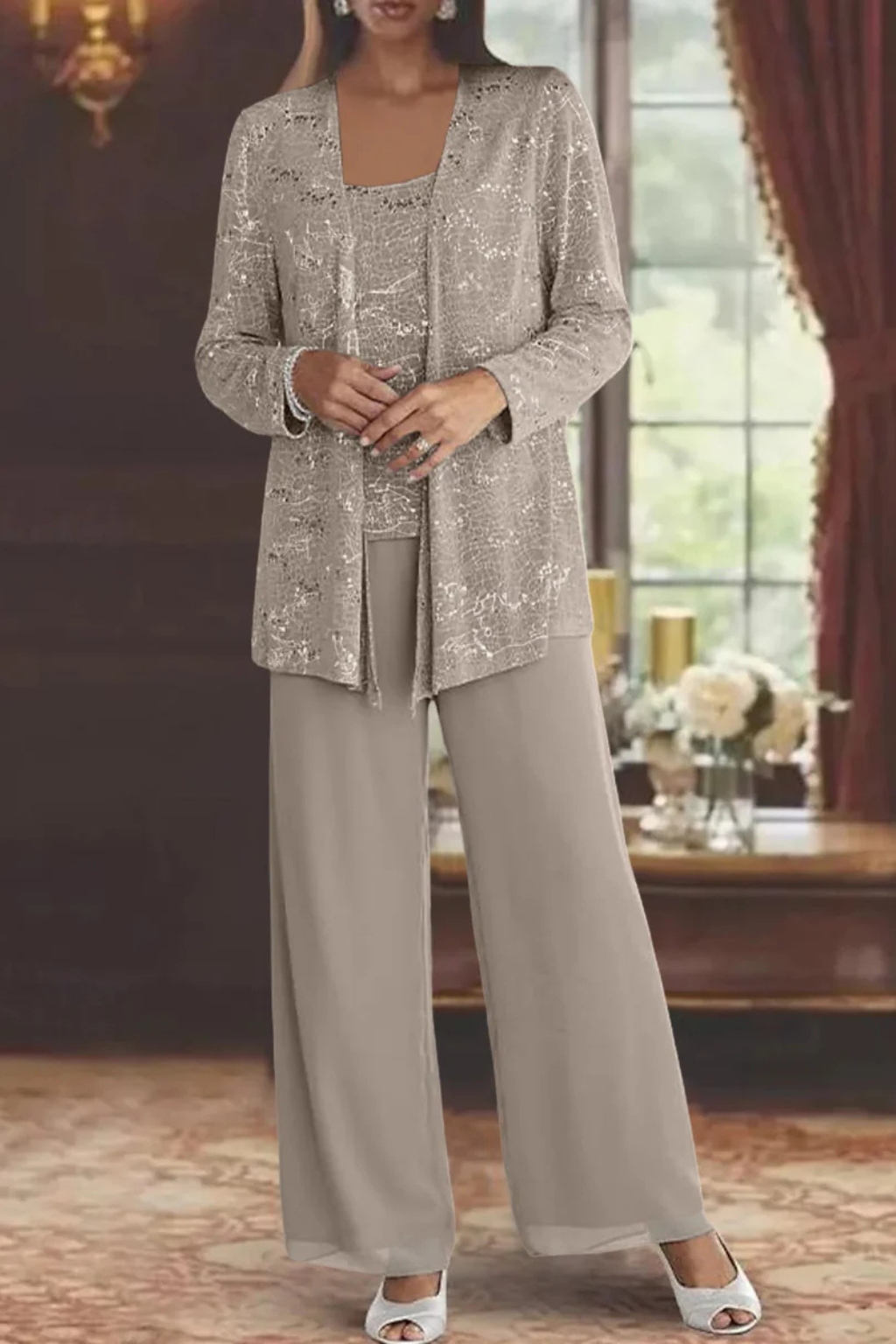 Ladies' Festive Three-Piece Pantsuit with Sequin Jacket and Wide Trousers