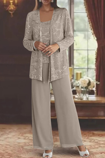 Ladies' Festive Three-Piece Pantsuit with Sequin Jacket and Wide Trousers