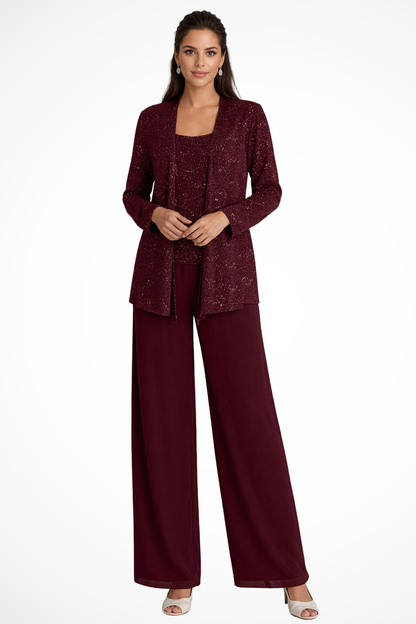 Ladies' Festive Three-Piece Pantsuit with Sequin Jacket and Wide Trousers