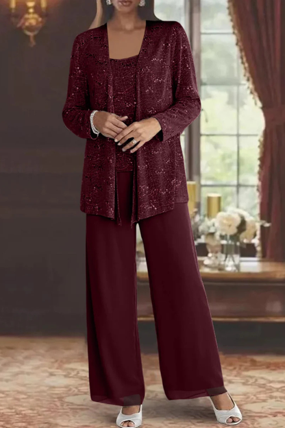 Ladies' Festive Three-Piece Pantsuit with Sequin Jacket and Wide Trousers