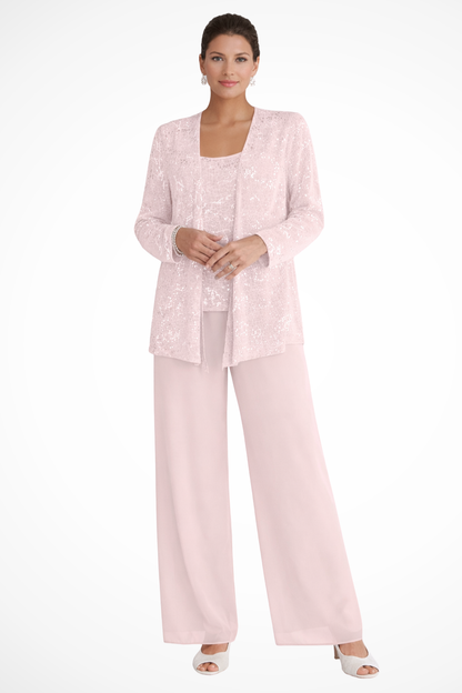 Ladies' Festive Three-Piece Pantsuit with Sequin Jacket and Wide Trousers