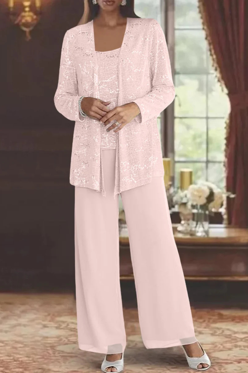 Ladies' Festive Three-Piece Pantsuit with Sequin Jacket and Wide Trousers