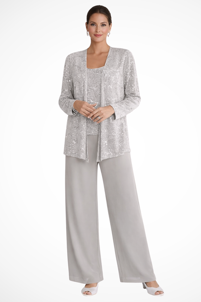 Ladies' Festive Three-Piece Pantsuit with Sequin Jacket and Wide Trousers