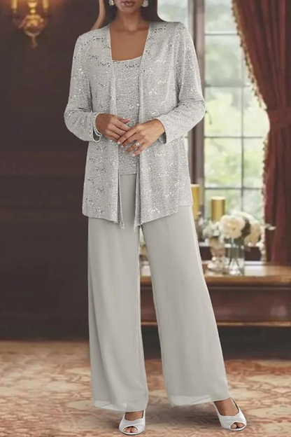 Ladies' Festive Three-Piece Pantsuit with Sequin Jacket and Wide Trousers
