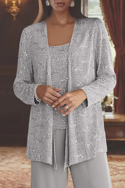 Ladies' Festive Three-Piece Pantsuit with Sequin Jacket and Wide Trousers