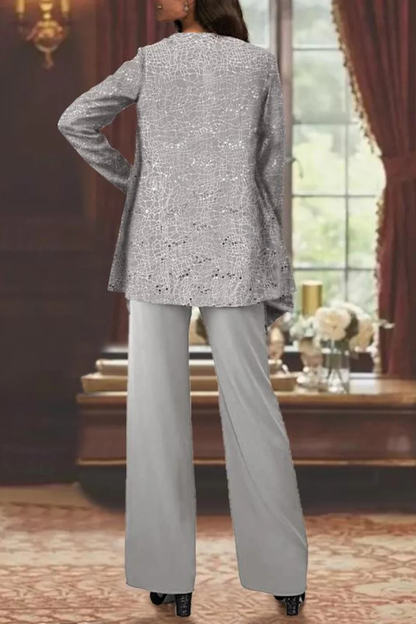 Ladies' Festive Three-Piece Pantsuit with Sequin Jacket and Wide Trousers