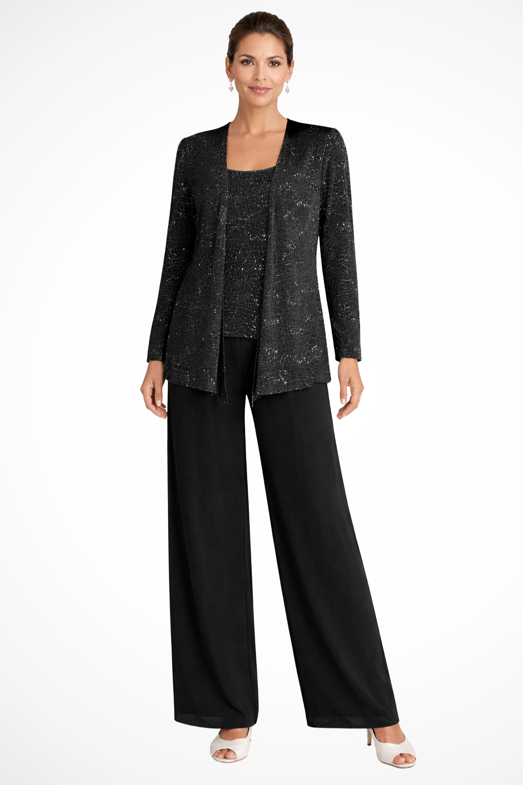 Ladies' Festive Three-Piece Pantsuit with Sequin Jacket and Wide Trousers
