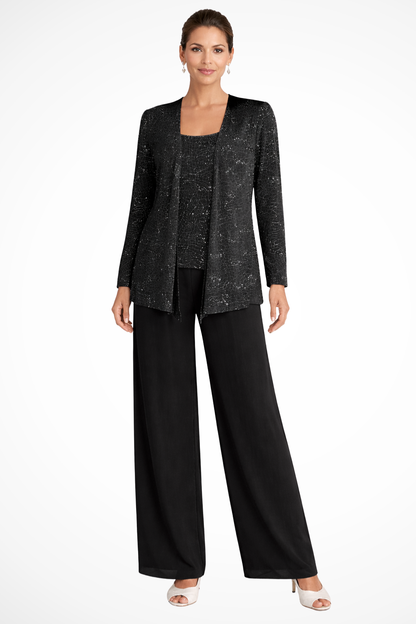 Ladies' Festive Three-Piece Pantsuit with Sequin Jacket and Wide Trousers
