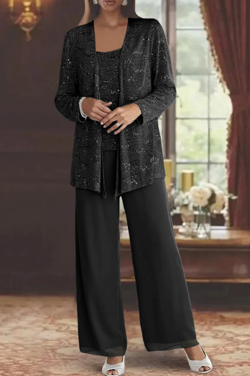 Ladies' Festive Three-Piece Pantsuit with Sequin Jacket and Wide Trousers