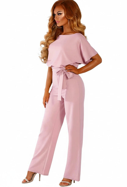 Women's Short-Sleeve Jumpsuit with Boat Neck and Tie Belt