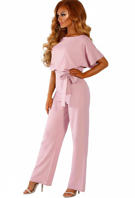 Women's Short-Sleeve Jumpsuit with Boat Neck and Tie Belt
